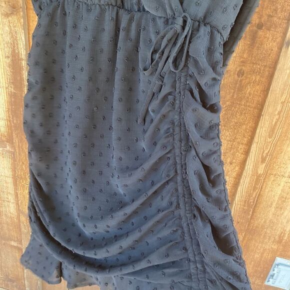 Q&A V-neck Wrap Ruched Clip Textured- Swiss Dot Mini Ruffle Dress in Black - Picture 4 of 11